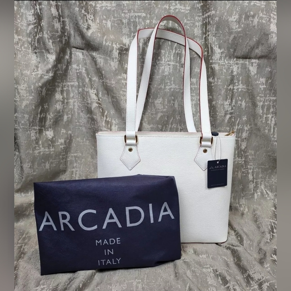 NEW Arcadia Italy Large White Leather Handbag Tote Shoulder Bag Purse w/ Dustbag